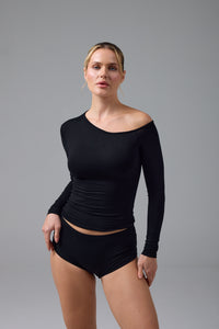 SERENE - ASİMETRİK TEK OMUZ DETAY T-SHIRT - SİYAH